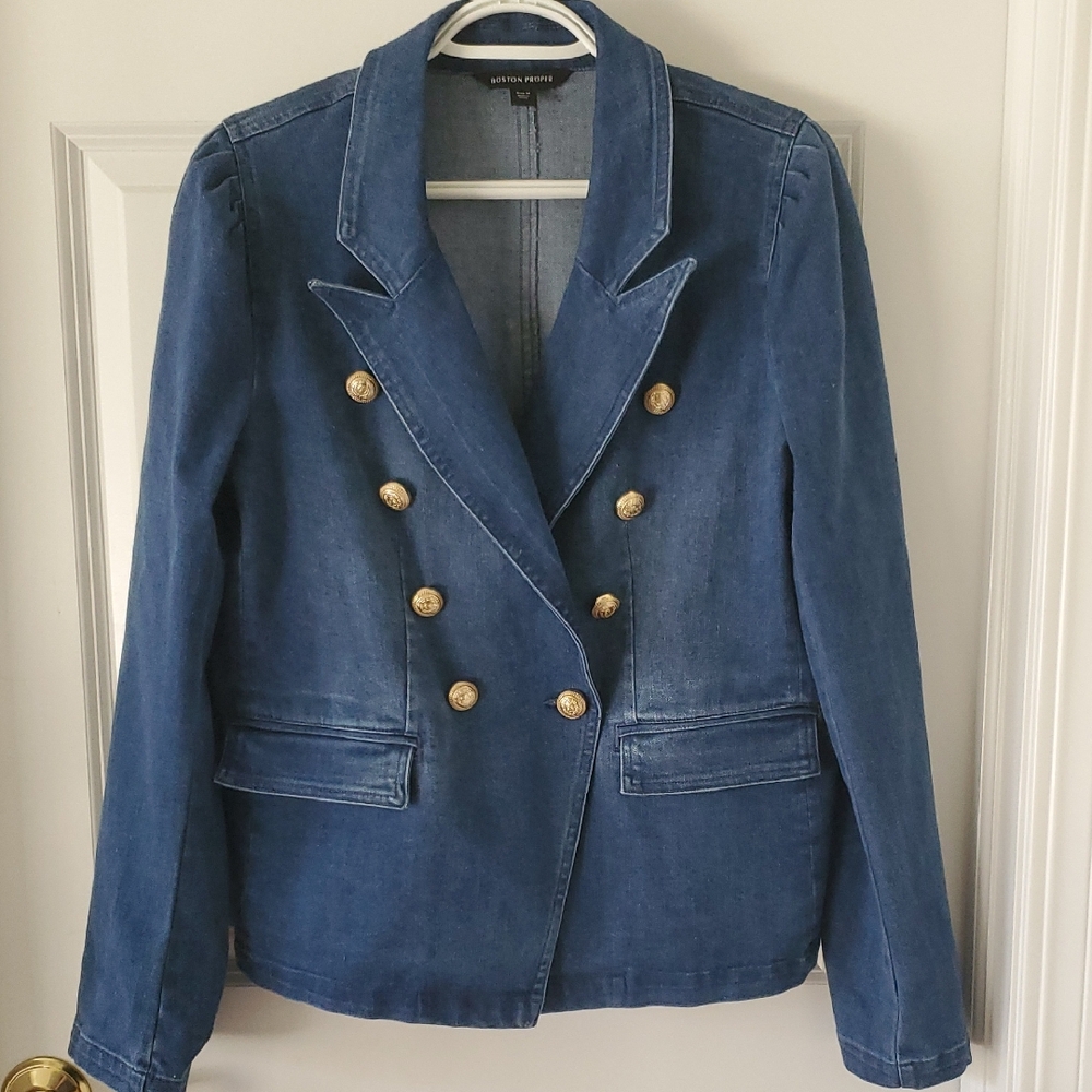 Boston Proper Blue Double-Breasted Denim Blazer with Gold Buttons